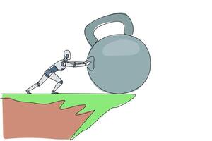 Single one line drawing robot pushes the large kettlebell down from the edge of the cliff. Exercise increases power. Future technology development concept. Continuous line design graphic illustration vector