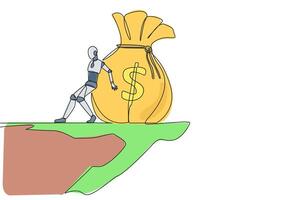 Single continuous line drawing robot pushes the large money bag down with its back from the edge of cliff. Rich robots spending money. Future technology concept. One line design vector illustration