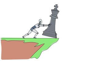 Single continuous line drawing robot pushes down a large chess piece of king from the edge of a cliff. The collapse of the last king. Future technology concept. One line design vector illustration