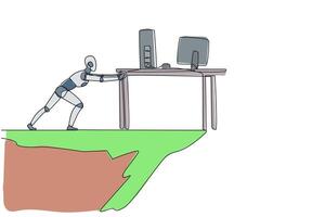 Continuous one line drawing robot pushes down a table containing a laptop and monitor from the edge of cliff. Robotic artificial intelligence. Future tech. Single line draw design vector illustration