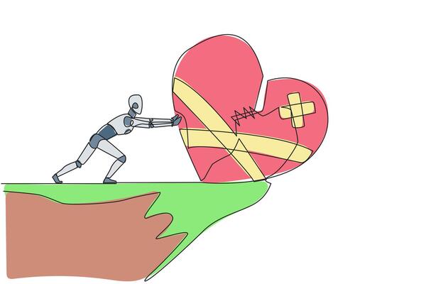 Single continuous line drawing robot pushes the symbol of giant broken heart from the edge of the cliff. Throw away broken hearts. No grudges. Future technology AI. One line design vector illustration
