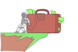 Single one line drawing astronaut pushed giant briefcase down with his back from the edge of a cliff. Tough man in outer space. Cosmic galaxy space concept. Continuous line design graphic illustration vector