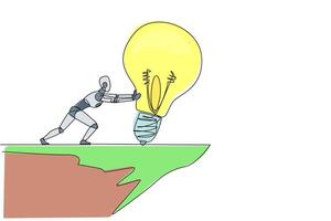 Single one line drawing robot pushes down giant lightbulb from the edge of a cliff. Throw away brilliant ideas. Robotic artificial intelligence concept. Continuous line design graphic illustration vector