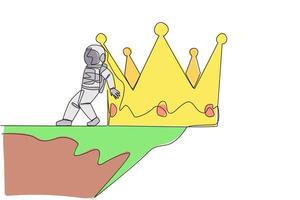 Single one line drawing astronaut pushed giant crown down with his back from the edge of the cliff. Achievement of a successful expedition without a crown. Continuous line design graphic illustration vector