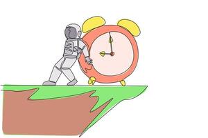 soltero continuo línea dibujo astronauta empujado un gigante alarma reloj abajo con su espalda desde el borde de el acantilado. difícil hombre en exterior espacio. cosmonauta profundo espacio. uno línea diseño vector ilustración