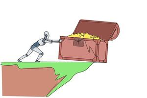 Continuous one line drawing robot pushes open giant treasure chest down from the edge of the cliff. Robot isn't greedy. Future robotic development concept. Single line draw design vector illustration