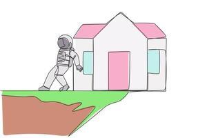 Single one line drawing astronaut pushed miniature house down with his back from the edge of cliff. The concept of tough man in outer space. Galaxy space. Continuous line design graphic illustration vector