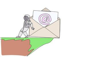 Single one line drawing astronaut pushed giant email icon down with back from the edge of cliff. Eliminate emails that distract the team during expeditions. Continuous line design graphic illustration vector