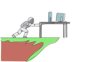 Single one line drawing angry astronaut shoves a desk containing a laptop and monitor over the edge of a cliff. Do not want to make an expedition report. Continuous line design graphic illustration vector