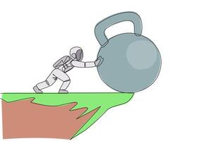 Single continuous line drawing astronaut pushes giant kettlebell over the edge of a cliff. Exercise builds muscle in space. The concept of tough man in outer space. One line design vector illustration