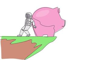 Single continuous line drawing astronaut pushed giant piggy bank down with his back from the edge of the cliff. Failed to save, the piggy bank is always empty. One line design vector illustration