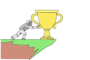 Continuous one line drawing astronaut pushes giant trophy over the edge of a cliff. There are no individual trophies, expedition teamwork is preferred. Single line draw design vector illustration