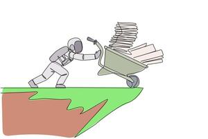 Single continuous line drawing Astronauts push wheelbarrow filled with stacks of paper and binders over the edge of cliff. The concept of tough man in outer space. One line design vector illustration