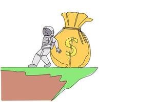 Continuous one line drawing astronaut pushed giant money bag down with his back from the edge of the cliff. Wasting money. Cosmic galaxy space concept. Single line draw design vector illustration