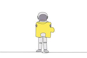 Single one line drawing young energetic astronaut brought puzzle piece and placed it in front of his chest. Deep space farming astronaut concept. Spaceman. Continuous line design graphic illustration vector