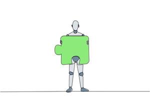 Single continuous line drawing robotic artificial intelligence brought puzzle piece and placed it in front of chest. Teamwork brings one piece each. Future tech. One line design vector illustration