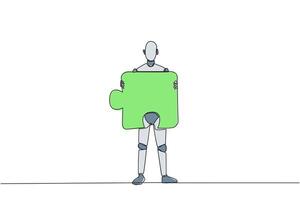 Single continuous line drawing robotic artificial intelligence brought puzzle piece and placed it in front of chest. Teamwork brings one piece each. Future tech. One line design vector illustration