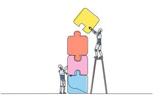 Continuous one line drawing two robots putting together a puzzle. One of the two climbs up the ladder to make a puzzle arrangement of four. Teamwork robots. Single line draw design vector illustration