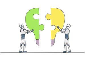 Single one line drawing two robots holding up two lightbulb-shaped puzzle pieces. Metaphors elevate and unite brilliant ideas. Teamwork between robots. Continuous line design graphic illustration vector
