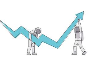 Single one line drawing two astronauts holding a large arrow chart. With their teamwork they hope that the graph will always be in rising condition. Cosmic. Continuous line design graphic illustration vector