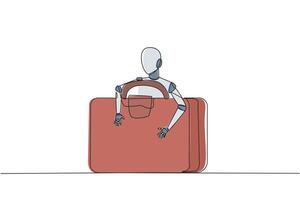 Single continuous line drawing robotic hugging briefcase. Electronic bag. Can only be opened if it is connected to the robot. Future technology development concept. One line design vector illustration