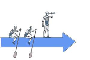 Continuous one line drawing three robots ride arrows. Teamwork with two of them rowing, the rest standing up using binoculars. Future tech development. Single line draw design vector illustration