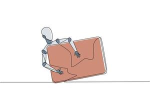 Single continuous line drawing robotic hugging laptop computer. Rransferring data from laptop to the robot's artificial brain. Artificial intelligence technology. One line design vector illustration