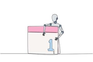 Continuous one line drawing robot hugging desk calendar. The launch date of the latest technology robot has been set. Machine learning concept. Future tech. Single line draw design vector illustration