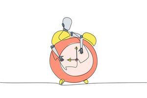 continuo uno línea dibujo robótico abrazando alarma reloj. configurando alarma reloj tecnología a robótico artificial inteligencia. futuro tecnología concepto. soltero línea dibujar diseño vector ilustración