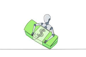 Single one line drawing robotic hugging pile of banknotes. Automatic scanning prevents misuse of money. Future artificial intelligence technology concept. Continuous line design graphic illustration vector