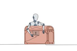 Single continuous line drawing robotic hugging treasure chest. Scans were carried out to determine how antique the objects were inside. Future technology concept. One line design vector illustration