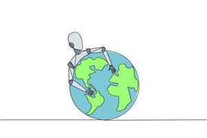 Continuous one line drawing robot hugging globe. Robots rule the world. Everything is technology. Artificial intelligence. Future technology development. Single line draw design vector illustration