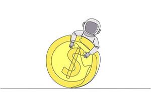 Single one line drawing astronaut hugging dollar sign coin. Not only finding water, astronaut also found coins while on expeditions on the moon's surface. Continuous line design graphic illustration vector