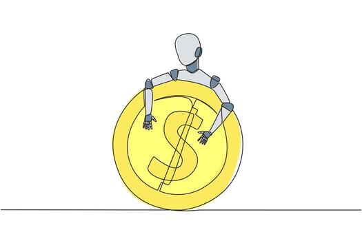 Continuous one line drawing robot hugging coin sign dollar. Insert coin into the back of the robot, then it will fulfill all your wishes. Future technology. Single line draw design vector illustration