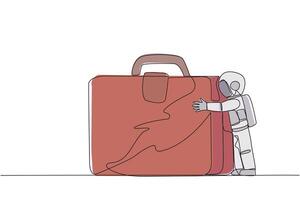 Single one line drawing young energetic astronaut hugging giant  briefcase. Hugging a favorite bag that accompanied the expedition on the moon surface. Continuous line design graphic illustration vector