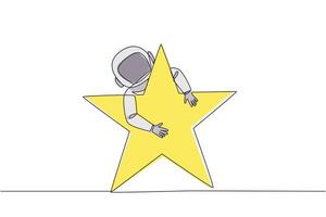 Continuous one line drawing young energetic astronaut hugging huge star. Received a star award after making several expeditions to the surface of the moon. Single line draw design vector illustration