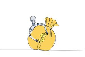 Single one line drawing robot hugging money bag. The smarter the robot, the more money it gets. Future technology artificial intelligence development. Continuous line design graphic illustration vector