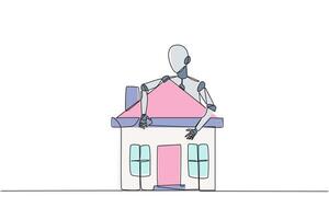 Single continuous line drawing robot hugging miniature house. His artificial intelligence is able to quickly build miniature houses. Future technology development. One line design vector illustration