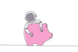 Single continuous line drawing young energetic astronaut hugging piggy bank. Saving money for the next expedition trip which is predicted to be longer. Cosmonaut. One line design vector illustration