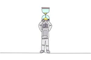 Single continuous line drawing young energetic astronaut lift up big hourglass above head. A tool used to countdown departures into outer space. Cosmic deep space. One line design vector illustration