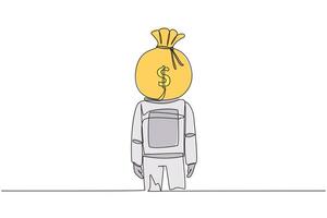 Single one line drawing young astronaut with money bag instead of head, stand facing forward. Thinking about the advantages of joining the space industry. Continuous line design graphic illustration vector