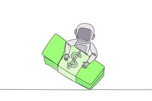 Continuous one line drawing astronaut hugging pile of banknotes. Got donations from parties who support the implementation of the expedition. Spaceflight. Single line draw design vector illustration