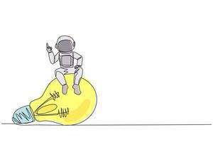 Continuous one line drawing young energetic astronaut sitting on big lightbulb raise one hand. Gestures  as having clever ideas about moon expeditions. Single line draw design vector illustration