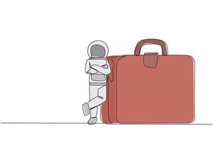 Continuous one line drawing young astronaut lean on big briefcase. Preparing for a long and distant journey to embark on an expedition on the moon surface. Single line draw design vector illustration