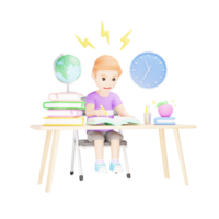 Diligent Student Completing Incomplete Assignments - 3D Cartoon Illustration of Academic Dedication png