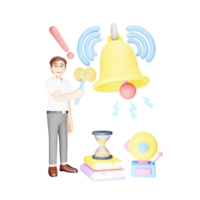 école employé de bureau - 3d dessin animé personnage sonnerie récréation cloche dans éducatif scène png