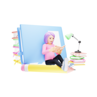 3d personaggio illustrazione - giovane ragazza immersa nel libro lettura png