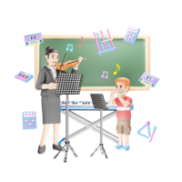 musical onderwijs - 3d leraar onderwijs muziek- naar studenten - tekenfilm illustratie png