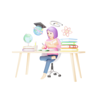 Exhausted Girl Preparing for Exams - 3D Cartoon Illustration of Academic Stress png