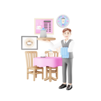 Masculin serveur permanent par table - 3d dessin animé personnage illustration pour restaurant un service png